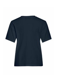 T-shirt bleu marine à manches courtes avec un col rond, en coton, présentant une texture lisse et une coupe décontractée.
