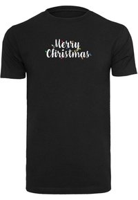 Black cotton t-shirt featuring the text "Merry Christmas" in white and colorful light bulb accents. Short sleeves, crew neck design.