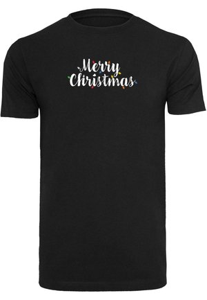 T-shirt in cotone nero con il testo "Buon Natale" in bianco e accenti di luci colorate. Maniche corte, design a collo tondo.