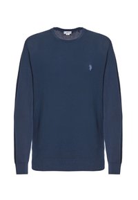 Maglione blu navy a maglia, colletto a giro, maniche lunghe, polsini e orlo a coste. Presenta un piccolo logo ricamato sul petto.