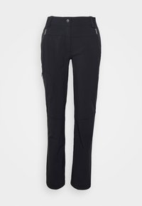 Black outdoor pants made of stretch fabric. Features include zippered pockets, reinforced knees, and a straight-leg design.