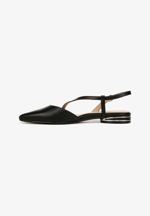 Schwarzer Slingback-Schuh mit spitzem Zehenbereich aus glattem Leder. Verfügt über einen schmalen Knöchelriemen und einen zweifarbigen Blockabsatz mit metallischen Details.