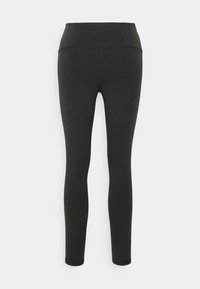 Zwarte legging met een hoge tailleband, gemaakt van rekbaar materiaal, met een gladde textuur en discrete stiksels langs de naden.