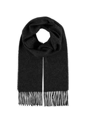 Șal din lână de culoare gri închis, cu o textură moale, având capete franjurate și un design circular. Măsoară aproximativ 180 cm în lungime.