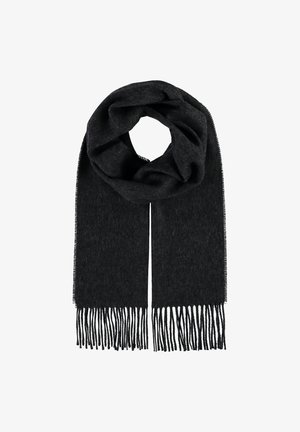 Șal din lână de culoare gri închis, cu o textură moale, având capete franjurate și un design circular. Măsoară aproximativ 180 cm în lungime.