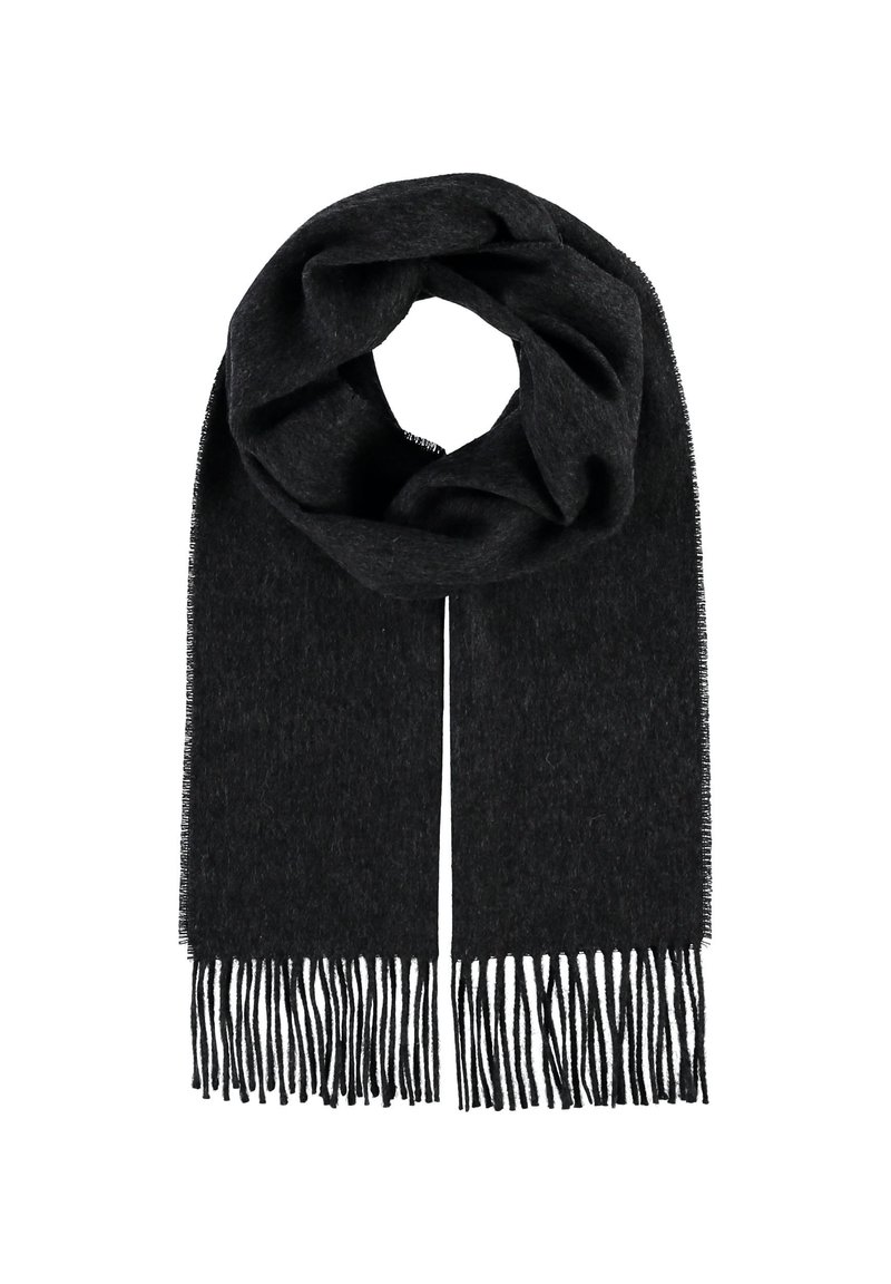 Temno siva volnena šal z mehkim teksturo, z resami na koncih in krožno zasnovo. Dolžina je približno 180 cm.