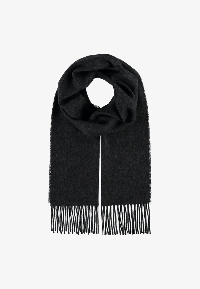 Temno siva volnena šal z mehkim teksturo, z resami na koncih in krožno zasnovo. Dolžina je približno 180 cm.