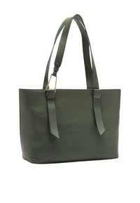 Borsa a spalla in pelle verde con finitura texture, tracolla singola e manici regolabili. Presenta un design minimalista e una forma rettangolare.
