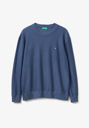 Suéter azul de cuello redondo con puños y dobladillo acanalados, pequeño logo bordado en blanco en el lado izquierdo del pecho, etiqueta de la marca en verde dentro del cuello.