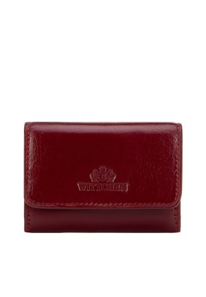 Kompaktowy ciemnoczerwony skórzany portfel z obszytymi krawędziami i tłoczonym logo Wittchen z herbem na przedniej klapce.