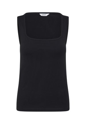Débardeur noir sans manches avec encolure carrée, design uni, et étiquette de la marque b.young à l'intérieur du col.