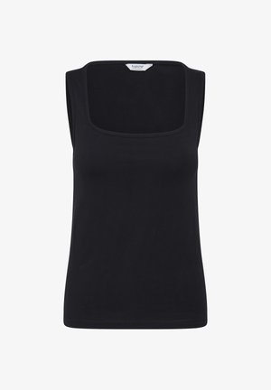 Débardeur noir sans manches avec encolure carrée, design uni, et étiquette de la marque b.young à l'intérieur du col.