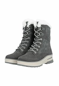 Graue Wildleder-Stiefeletten mit Kunstfellkragen, silbernen Ösen und grauen Schnürsenkeln. Dicke cremefarbene Außensohle für Stabilität und Grip.