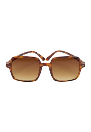 Prostokątne okulary przeciwsłoneczne w kolorze ciemnobrązowym o wzorze muszli żółwia, z brązowymi soczewkami z efektem gradientu i mostkiem typu keyhole.