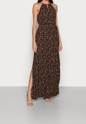 Maxikleid aus schwarzem Stoff mit einem floralen Muster in Rot, Gelb und Beige. Besitzt einen Halterneck, ein Schlüssel-Ausschnitt und einen seitlichen Schlitz.