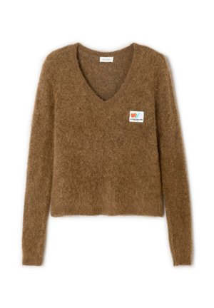 Rjav, puhast v-neck pulover iz mehkega materiala. Opremljen je z oznako z obliko. Ima krajšo spodnjo obrobo in dolge rokave.