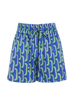 Shorts bleus avec motif de bandes courbées vertes, blanches et noires, taille élastique et cordon à nouer à l'avant.