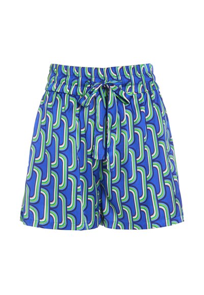 Shorts bleus avec motif de bandes courbées vertes, blanches et noires, taille élastique et cordon à nouer à l'avant.