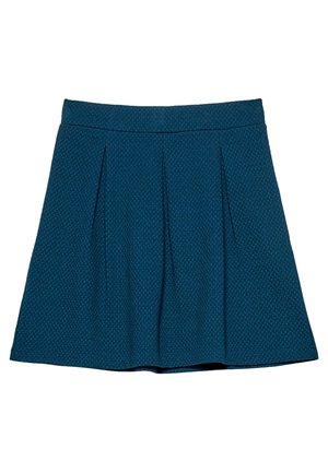 Jupe bleu sarcelle longueur genou avec motif texturé subtil, plis à l'avant et une ceinture ajustée.