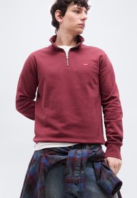 Νέος άνδρας που φοράει μπορντό φούτερ με φερμουάρ στο ένα τέταρτο, λευκό εσωτερικό μπλουζάκι και καρό πουκάμισο δεμένο γύρω από τη μέση του, σε απλό φόντο.