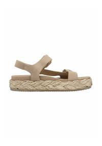Sandal beige con suola in juta intrecciata, cinturino regolabile, design aperto, texture in suede morbido e suola piatta in gomma.
