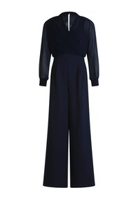 Marinblå jumpsuit med en omslagstopp-design, genomskinliga långa ärmar, vida ben och dragkedja i ryggen. Slät tygtextur.