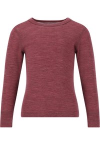 Bordeaux kleurig, langetermijn shirt gemaakt van zachte, gestructureerde stof. Kenmerkt zich door een ronde halslijn en aansluitende mouwen met stikseldetails.