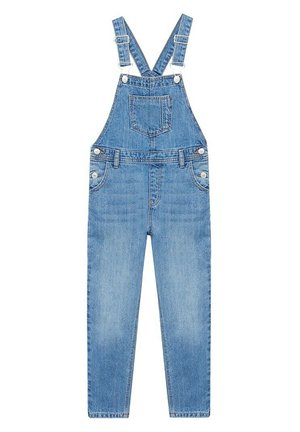 Jasnoniebieskie ogrodniczki dżinsowe z regulowanymi szelkami na ramiona, przednią kieszenią oraz dwoma bocznymi kieszeniami. Klasyczny fason z prostymi nogawkami.