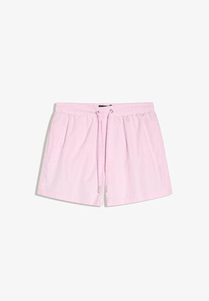Svetlo roza kopalne kratke hlače z elastičnim pasom in sprednjim vezalko, izdelane iz hitro sušečega se materiala.