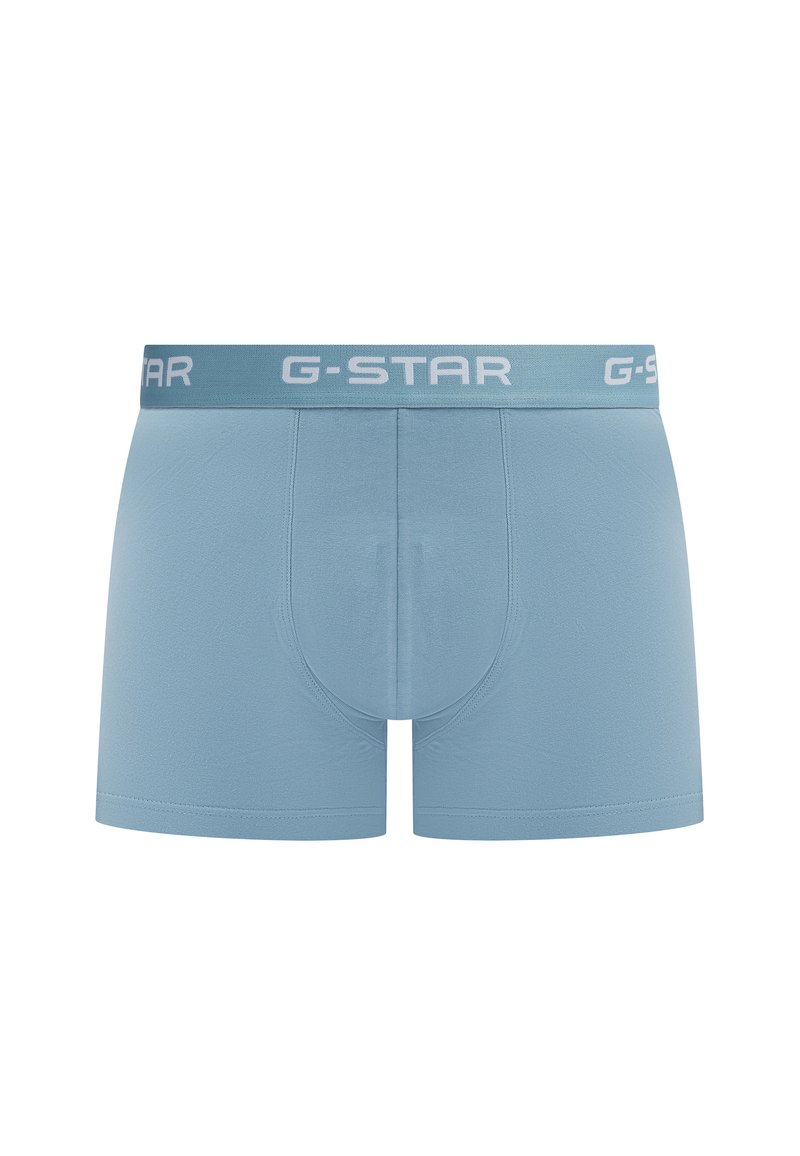 Himmelblaue G-Star Boxershorts aus weichem Material, mit einem weißen Logo-elastischen Bund und einem unterstützenden Pouch-Design.