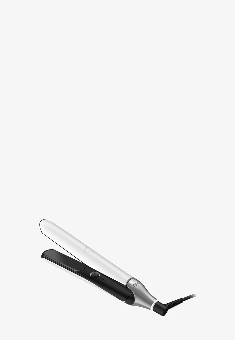 Witte en zwarte stijltang met een aan/uit-knop en een draaibare kabel tegen een effen achtergrond.