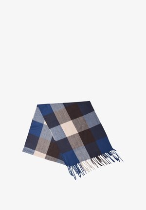 Sciarpa a quadri blu e grigia realizzata in tessuto morbido. Presenta estremità frangiate e un motivo a scacchi con quadrati scuri e chiari.