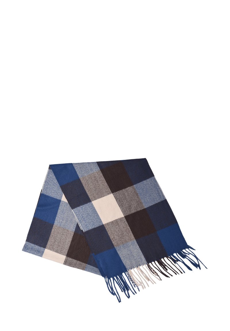 Sciarpa a quadri blu e grigia realizzata in tessuto morbido. Presenta estremità frangiate e un motivo a scacchi con quadrati scuri e chiari.