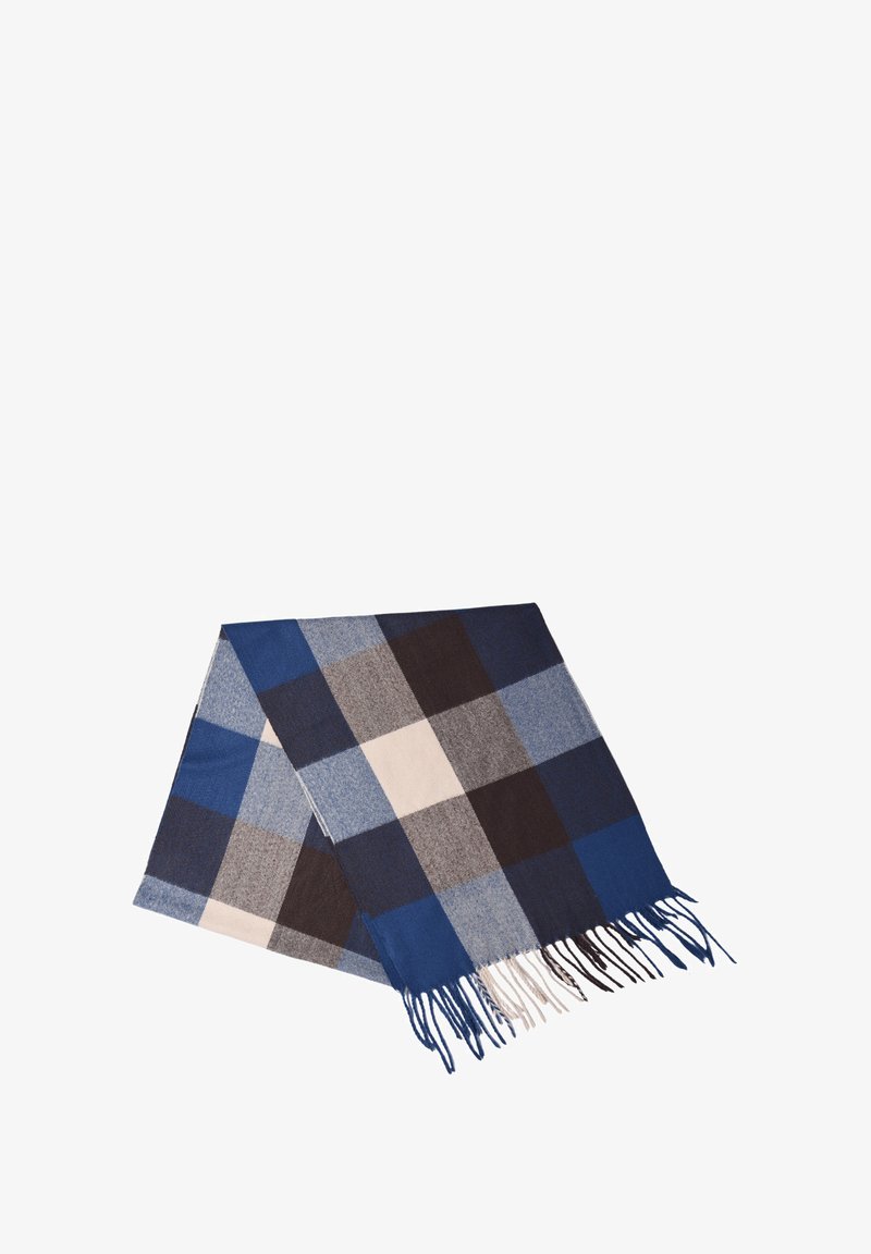 Sciarpa a quadri blu e grigia realizzata in tessuto morbido. Presenta estremità frangiate e un motivo a scacchi con quadrati scuri e chiari.