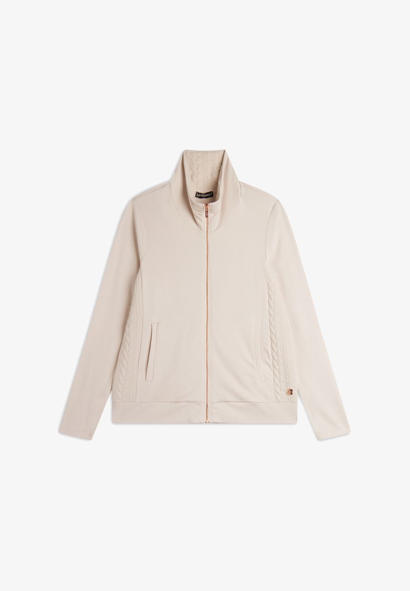 Giacca zip-up color beige chiaro con colletto alto, dotata di pannelli laterali trapuntati, due tasche frontali e un logo discreto sul bordo.