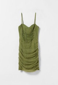 Zelené krajkové šaty s upnutým střihem, se srdcovým výstřihem, nastavitelnými ramínky a nařasením po stranách.