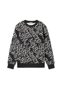 Zwarte sweatshirt met een gedurfde witte tekstpatroon. Klassieke ronde hals, ribgebreide manchetten en zoom. Zachte textuur, moderne grafisch ontwerp.