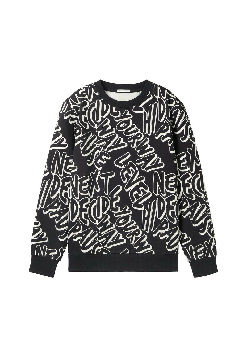 Zwarte sweatshirt met een gedurfde witte tekstpatroon. Klassieke ronde hals, ribgebreide manchetten en zoom. Zachte textuur, moderne grafisch ontwerp.