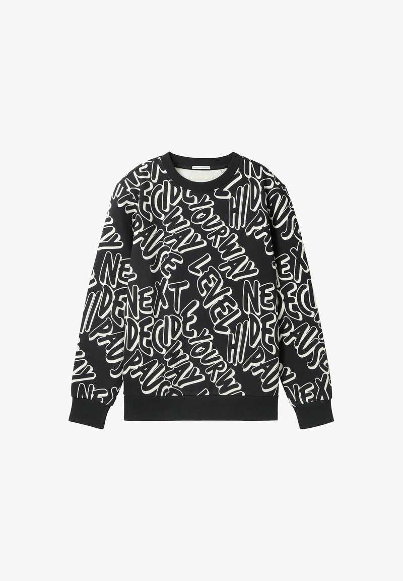 Zwarte sweatshirt met een gedurfde witte tekstpatroon. Klassieke ronde hals, ribgebreide manchetten en zoom. Zachte textuur, moderne grafisch ontwerp.