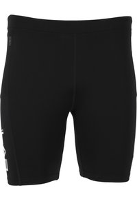 Black athletic shorts with a fitted design, made from stretch fabric. Features a side mesh panel and white logo detail on the leg.