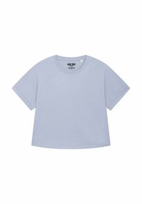 Lichtblauw, kortärmelige T-shirt met een ronde halslijn en een losse fit, met een label met de tekst "MIRA PARIS" aan de binnenzijde.
