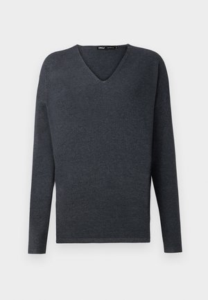 Dunkelgrauer, langärmeliger V-Ausschnitt-Pullover aus einem glatten Strickmaterial. Mit einem lässigen Schnitt und minimalen Nähten.