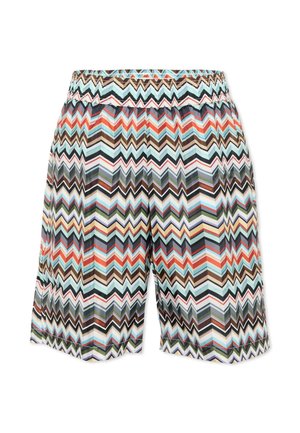 Pantaloncini dalla vestibilità ampia con vita elastica e motivo a zigzag colorato in tonalità di blu, arancione, marrone, verde e bianco.