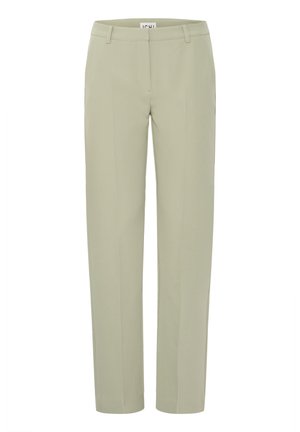 Hellbeige, gerade geschnittene Hose mit Gürtelschlaufen und Reißverschluss vorne, ohne sichtbare Taschen oder Verzierungen.