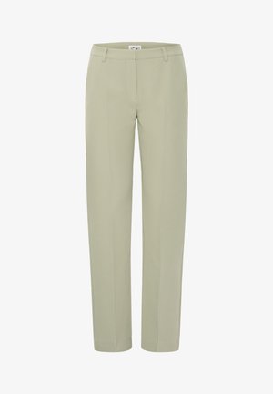 Lysebeige bukser med lige ben, bæltestropper og lukkes med lynlås foran, uden synlige lommer eller pynt.