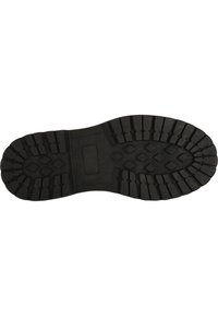 Black rubber shoe sole with deep treads, featuring a pattern of diamonds and straight lines for traction and grip. Flat design.