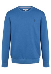 Blå crewneck sweatshirt i bomullsblandning. Har ribbad mudd och nederkant, med ett litet svart emblem på bröstet.