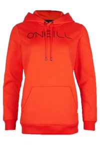 Sweat à capuche orange vif avec poche avant kangourou et logo noir "O'Neill" sur la poitrine.