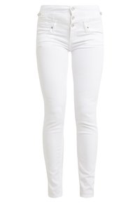 Vita smala jeans i stretchdenim med hög midja, med knappstängning och framfickor. Slät textur, åtsittande design.