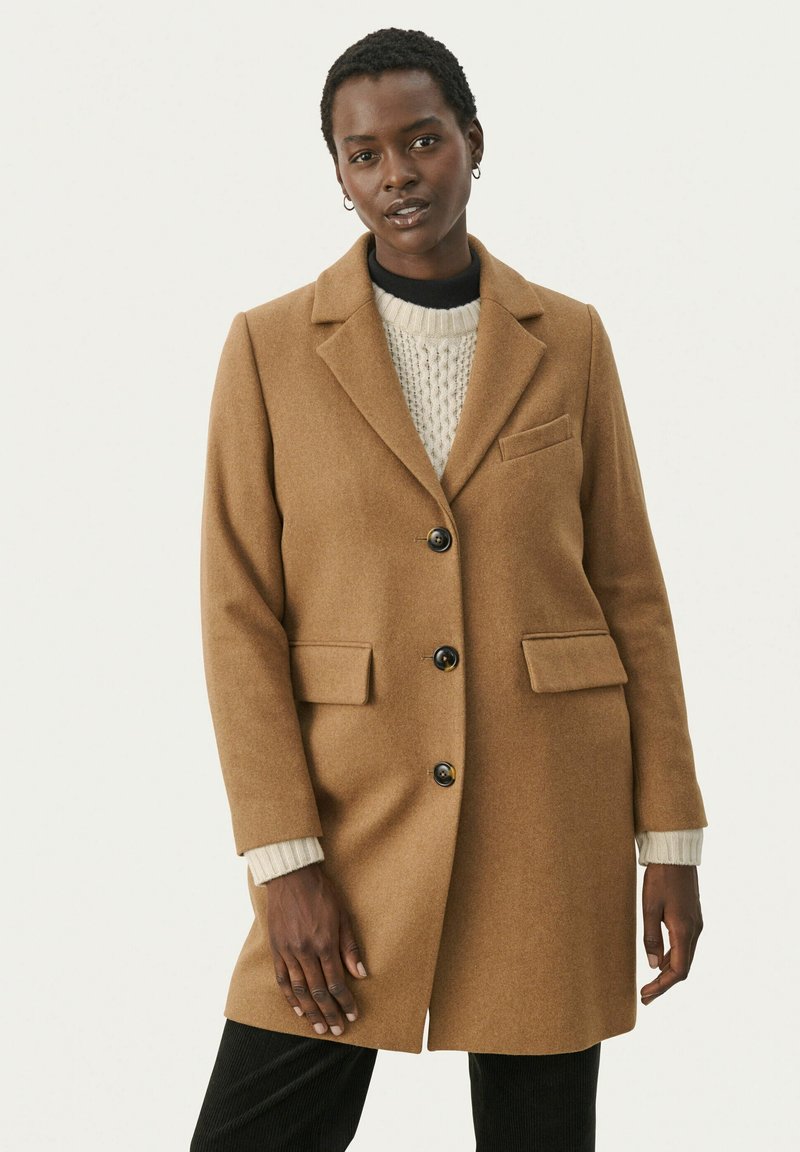 Brown wool blend coat with a tailored design, notch lapels, single button closure, and two front pockets. Worn over a textured knit sweater.